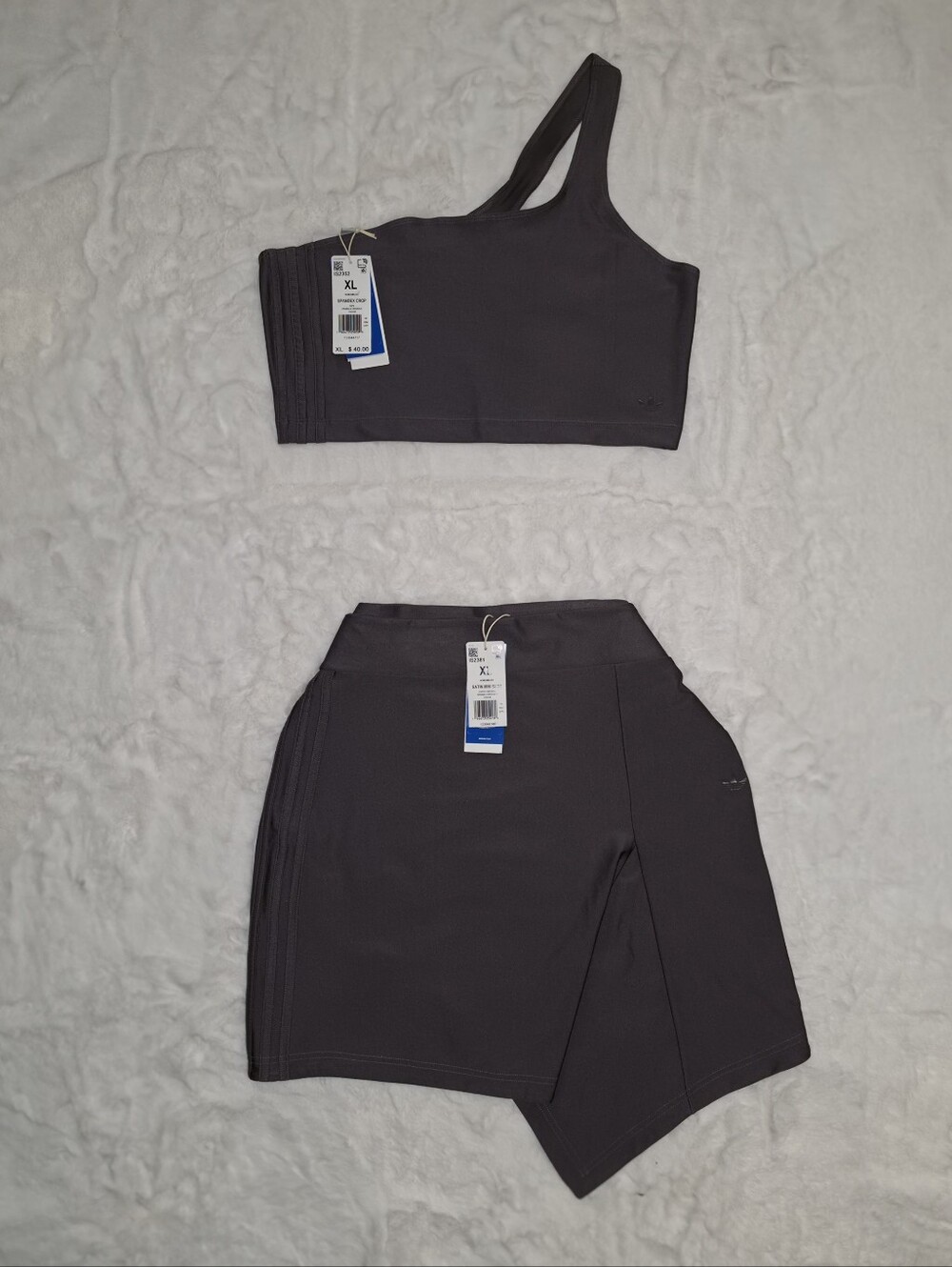 NWT Adidas Fashion Cut-Out Spandex Crop Top & Satin Miniskirt | Charcoal, XL
